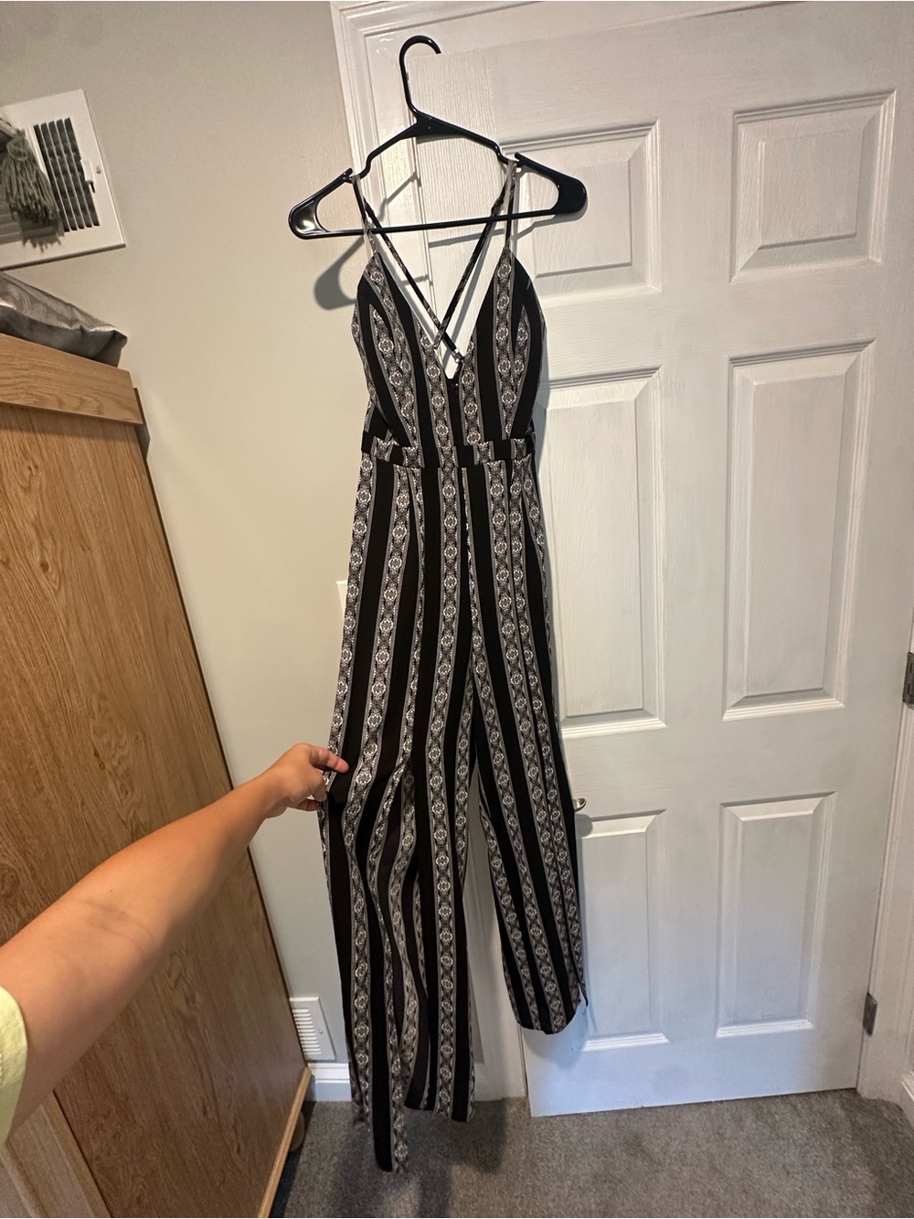 Black Striped V-Neck Jumpsuit with Lace-Inspired Print
